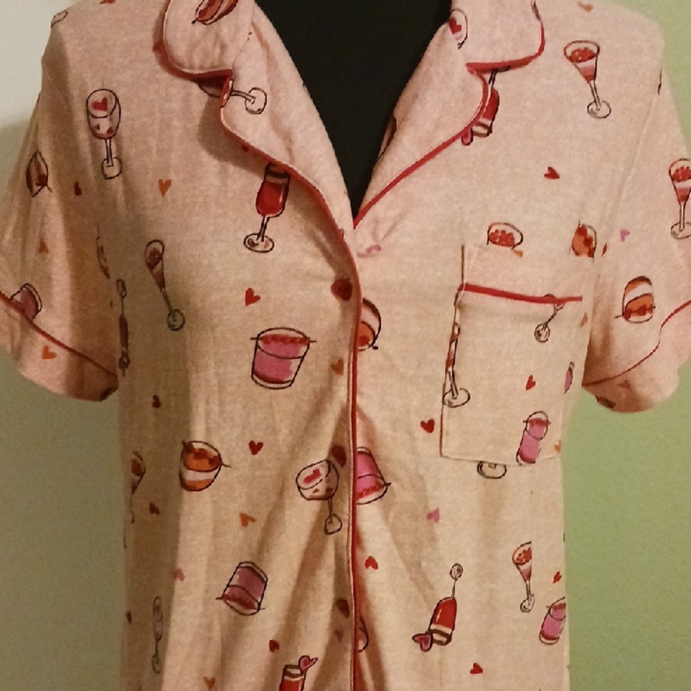 Special 2 For $25 Charming Pink Wine Glass Print Pajama Set - Picture 3 of 7